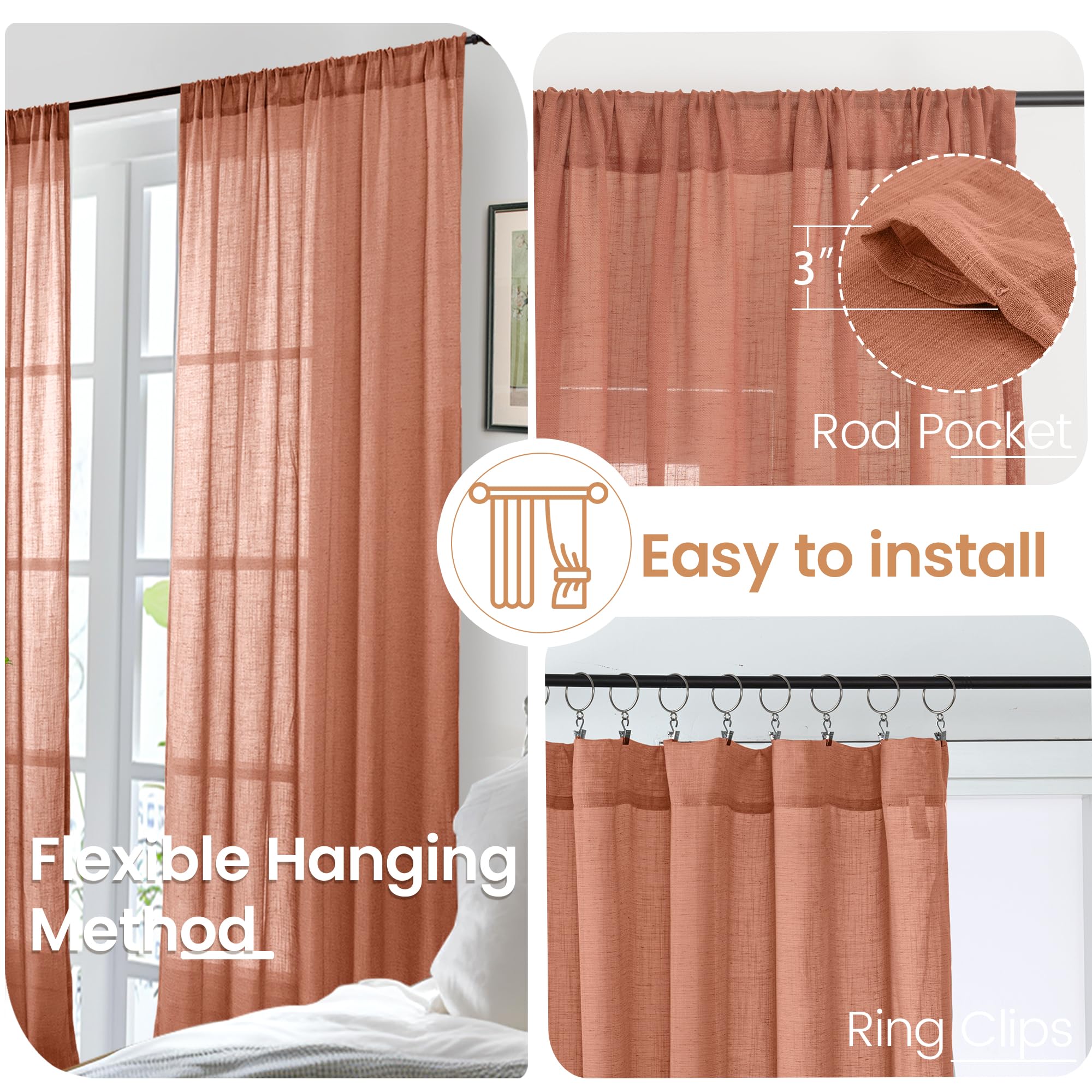 BGment Terracotta Linen Curtains 54 Inch Length for Short Living Room, Semi Sheer Burnt Orange Drapes Boho Rustic for Bedroom Decor with Rod Pocket Lightweight, 2 Panels Set, Each 42 Inch Wide