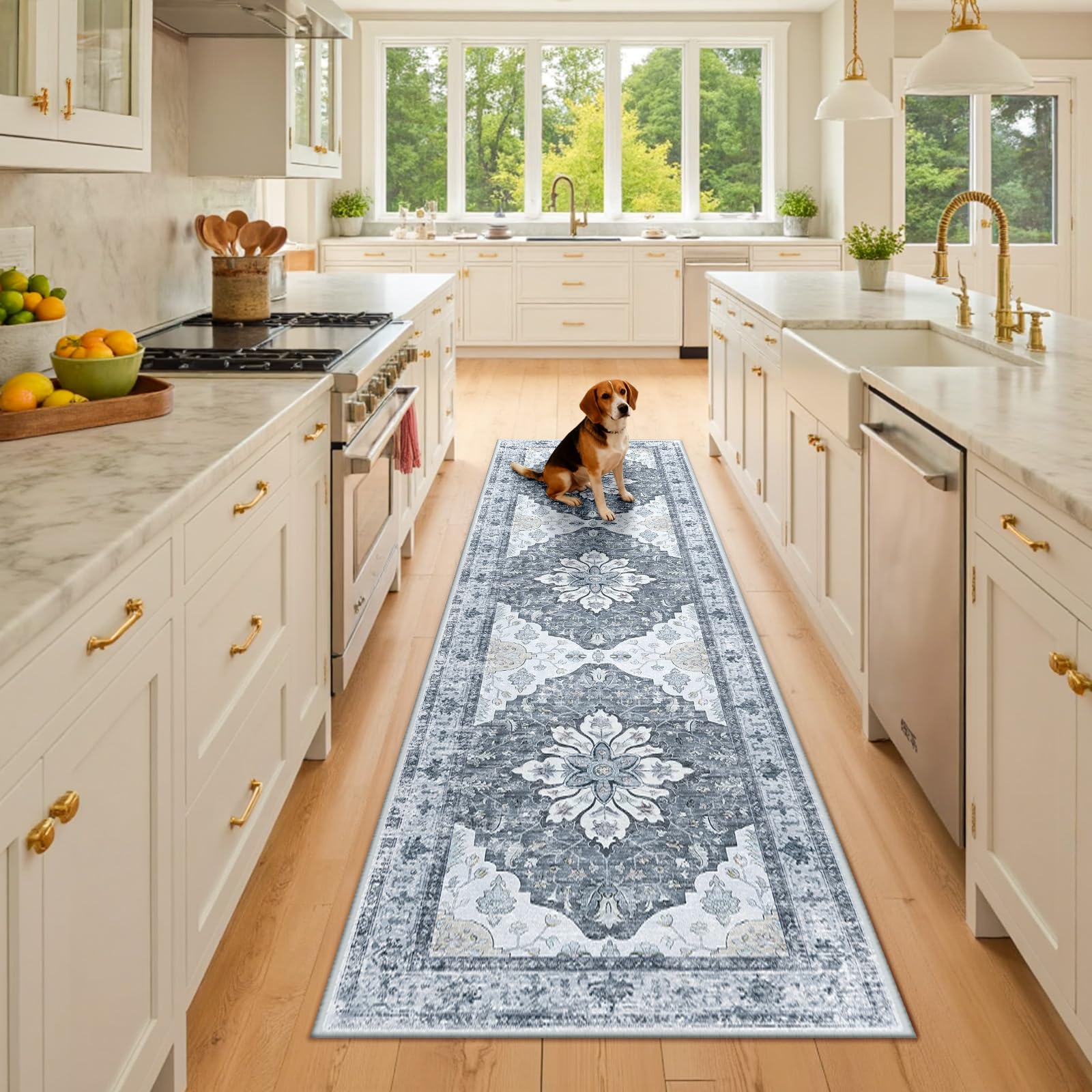 RELEANY Washable Area Rug, Runner 2'x8', Grey/White/Beige