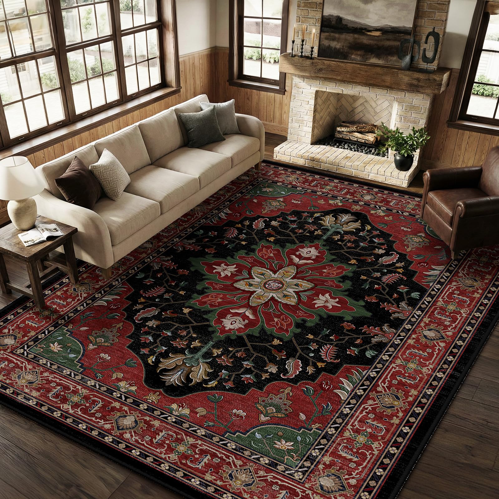 RELEANY Washable Area Rug, Large 9'x12', Red/Black