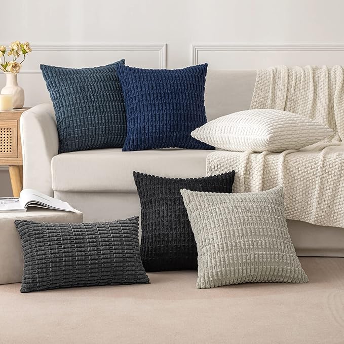 MIULEE Pack of 2 Corduroy Decorative Lumbar Throw Pillow Covers 20x12 Inch Soft Boho Striped Pillow Covers Modern Farmhouse Home Decor for Sofa Living Room Couch Bed Dark Grey