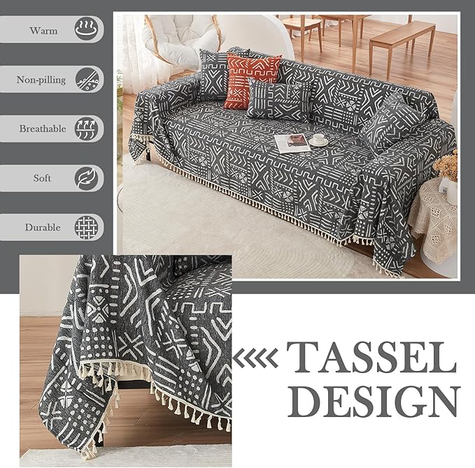 HANDONTIME Sofa Covers Boho Couch Cover for 3 Cushion Couch Sofa Geometric Couch Cover for Living Room Pet Sofa Slipcovers Couch Protector for Dogs Aesthetic Cushion Cover, Black/White
