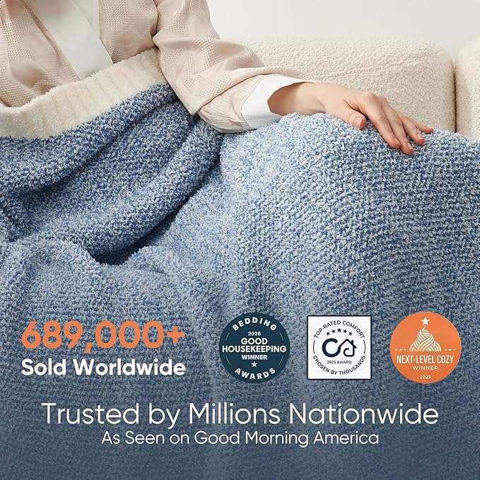 Snuggle Sac Blue Throw Blankets for Couch, Reversible Super Soft Warm Blankets Cozy Knit Blanket Fuzzy Plush Throws for Sofa, Bed, Gift, Heather Blue, 50 x 60 inches