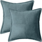 MIULEE Decorative Throw Pillow Covers for Couch Bed Livingroom 18x18 Inch Set of 2 Dusty Blue Boho Accent Throw Pllows Broadside Striped Patchwork Soft Corduroy Summer Coastal Pillowcases