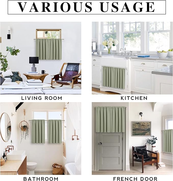 RYB HOME Short Blackout Curtains for Bedroom, Room Darkening Insulated Summer Heat Light UV Blocking Energy Saving Drapes for Nursery, Width 34 by Length 48, Sage Green, Set of 2