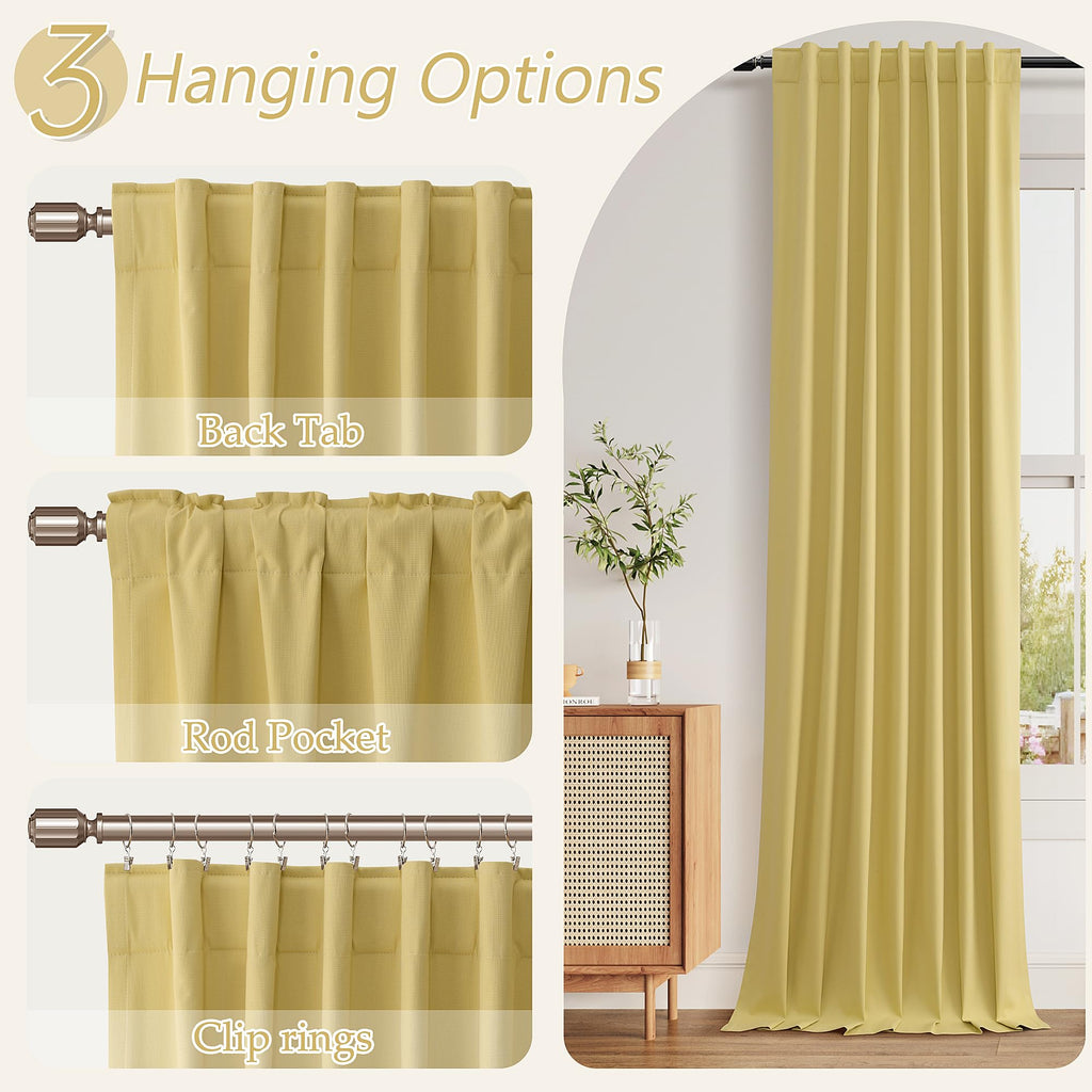 Guken Yellow 100% Blackout Linen Curtains 90 Inch Length 2 Panels Set for Living Room Bedroom Back Tab/Rod Pocket Thermal Insulated Black Out Drapes Room Darkening Farmhouse Window Curtains,52x90