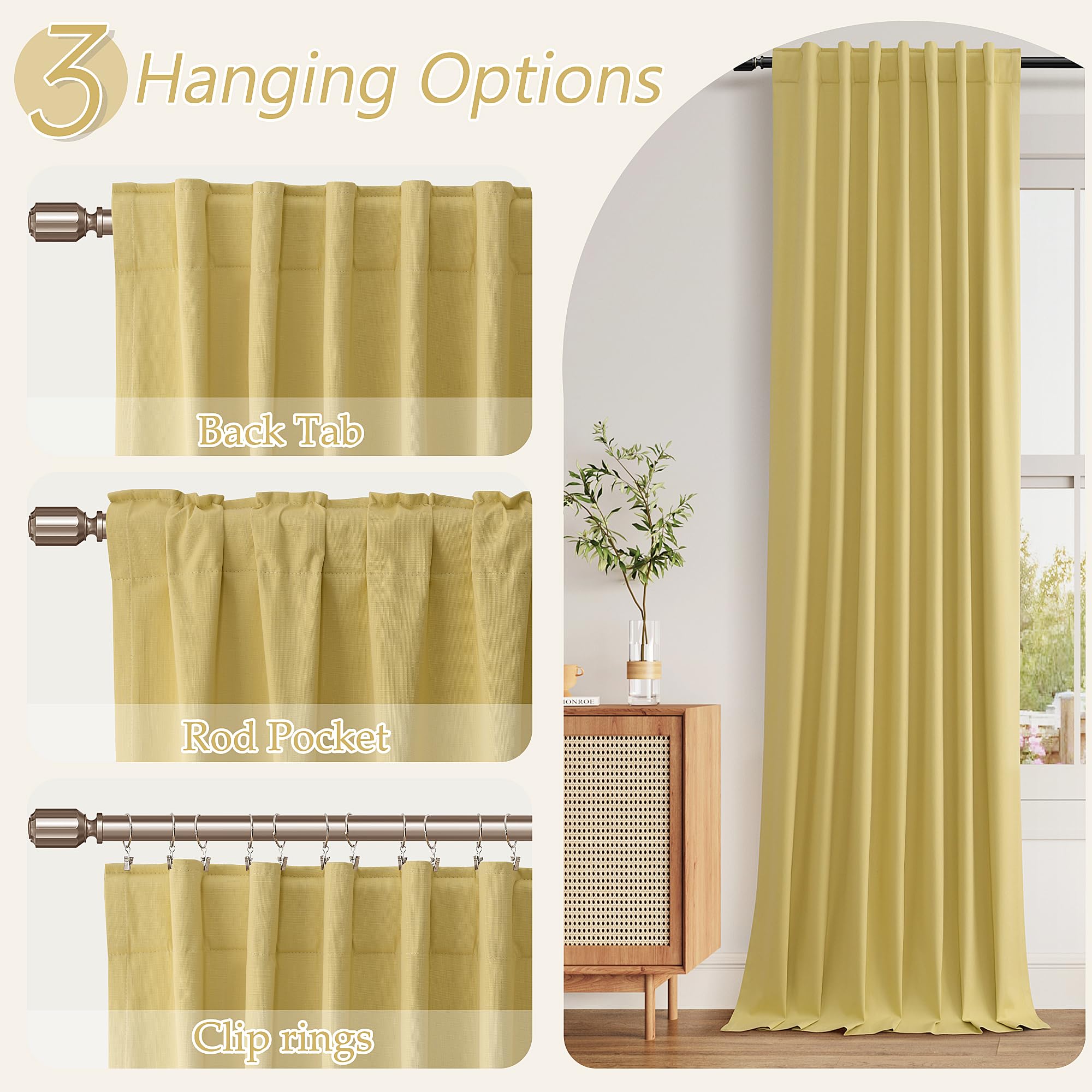 Guken Yellow 100% Blackout Linen Curtains 96 Inch Length 2 Panels Set for Living Room Bedroom Back Tab/Rod Pocket Thermal Insulated Black Out Drapes Room Darkening Window Curtains 96 Inches Long