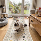 2x10 Washable Hallway Runner Rug - Soft Low Pile Floral Animal Cat Print Rugs with Non-Slip Backing Waterproof Stain-Resistant Indoor Carpet for Kitchen Entryway Bathroom Bedroom (Light Beige)