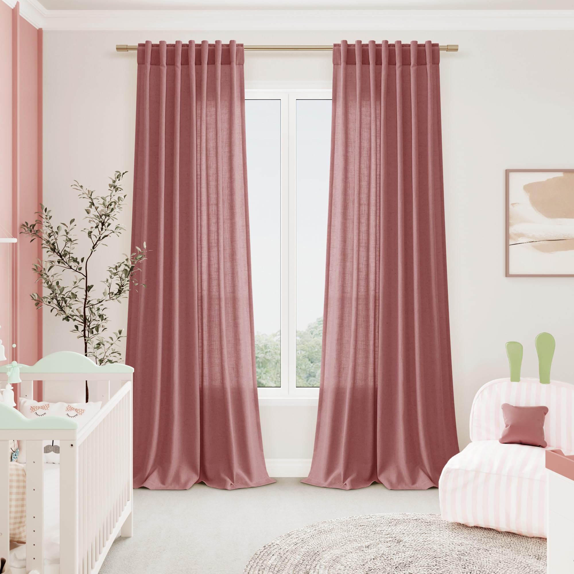 Canyon Rose Linen Curtains 102 Inches Long Rod Pocket Back Tab Drapes 2 Panels Set for Living Room Sheer Light Filtering Semi Sheer Dusty Rose Curtain 102 Length for Patio Sliding Glass Door 52x102