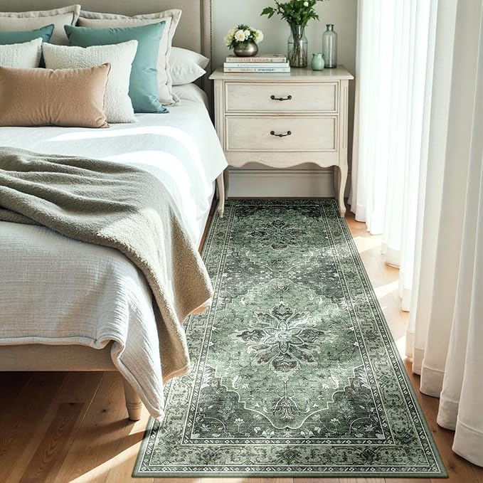 RELEANY Washable Area Rug, Runner 3'x8', Green/Dark Green/Gray