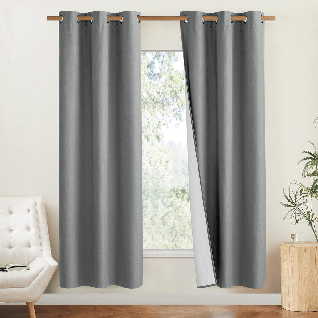 NICETOWN 100% Absolutely Blackout Linen Curtains with Thermal Insulated White Liner, Dove Grey, 42" Wide, 2 Pieces, Privacy Vertical Window Drapes for Office Laundry Living Room Windows 72 inch Long