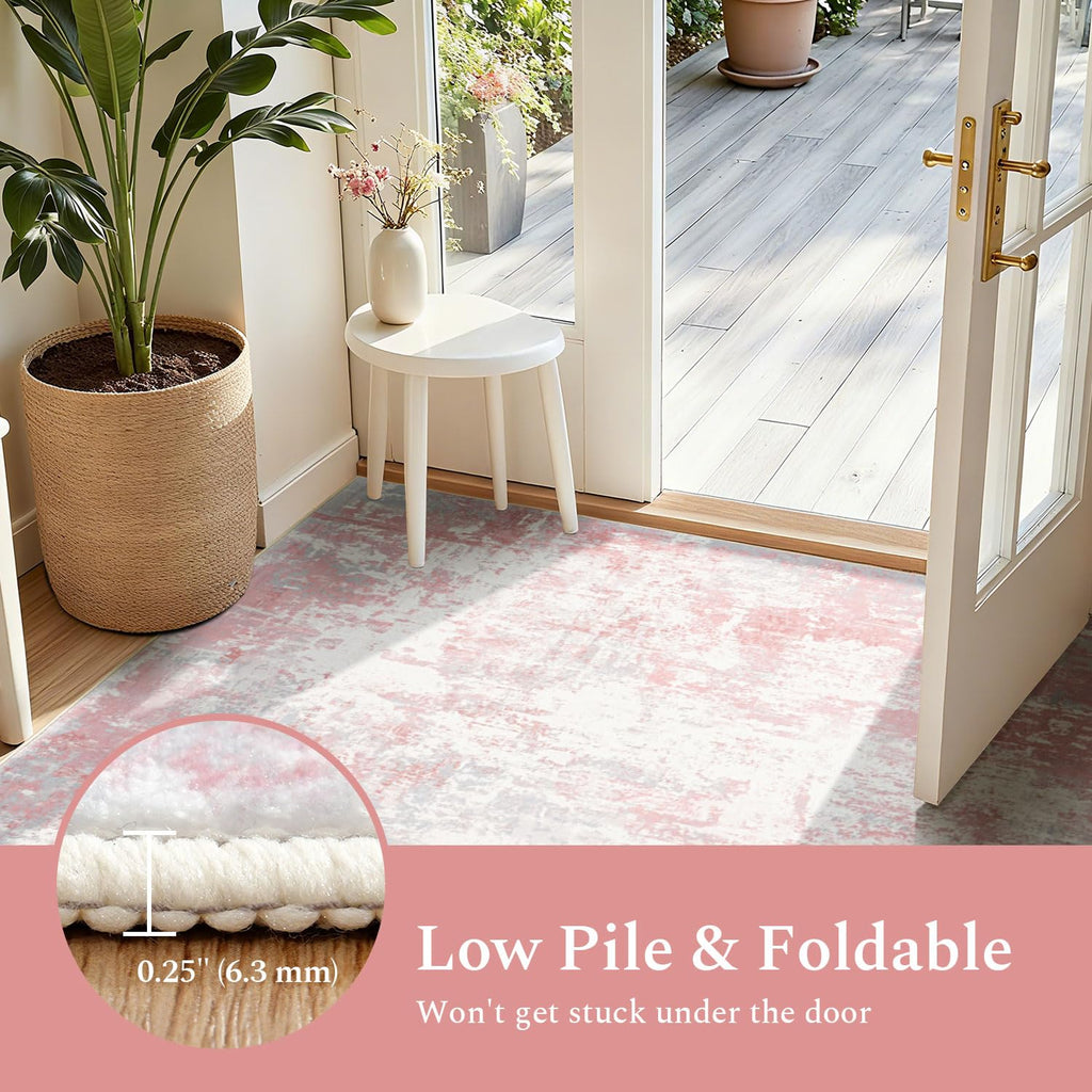 Rugflix 8x10 Area Rugs for Bedroom, Washable Pink Large Rug