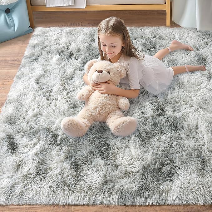 Pionblank Large Rug for Living Room 6x9 Feet, Modern Soft Shag Area Rug, Plush Fuzzy Carpet for Bedroom Girls Boys Room Home Nursery Teens Dorm Decor, Tie Dye Grey