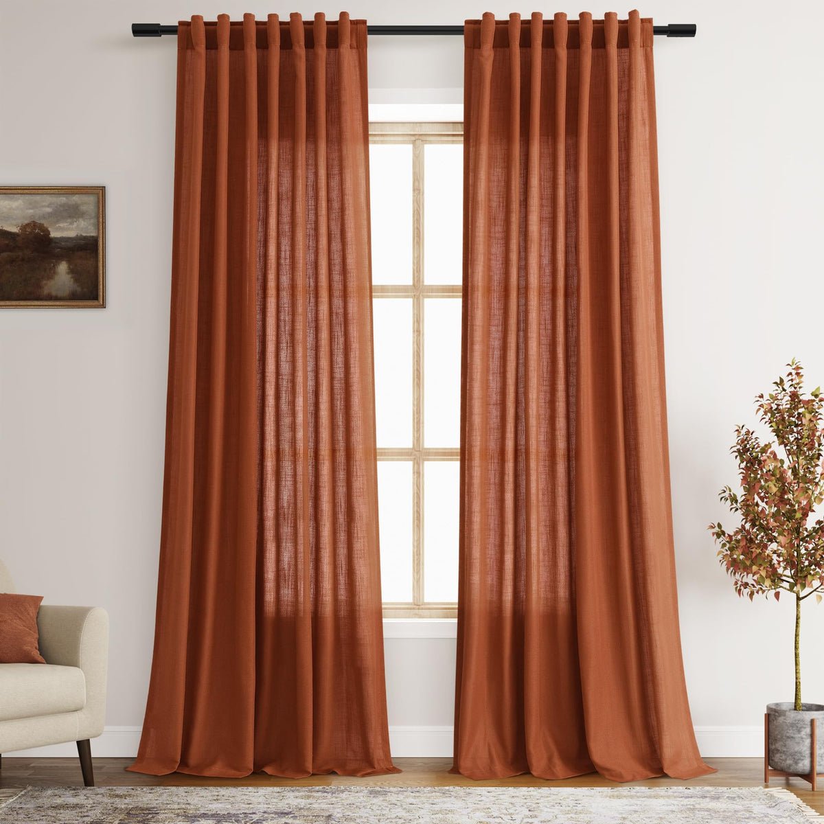 2 Panels Set Cream Linen Curtains 105 inches Long for Living Room Extra Long Back Tab Curtains Neutral Farmhouse Light Filtering Semi Sheer Linen Drapes Ceiling to Floor for Large Window Ivory