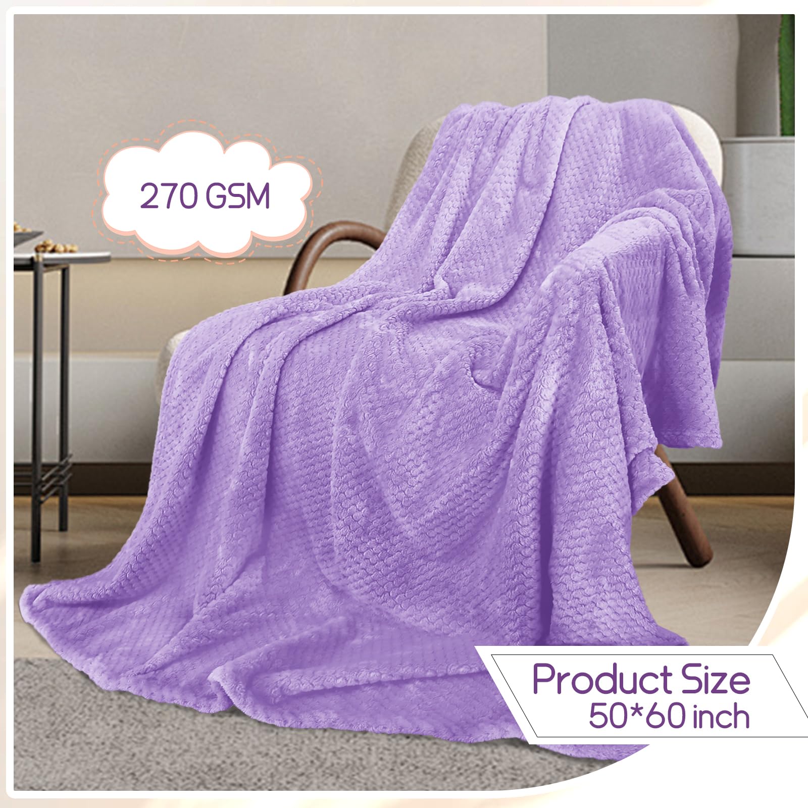 Tewloss 4 Pack Fleece Throw Blankets 50x60 Inches - Oeko-Tex Certified 100, 270 GSM Ultra Soft Plush for Bed, Couch and Cozy Gifts. 3D Waffle Texture, No Shedding No Pilling All Season (Lavender)