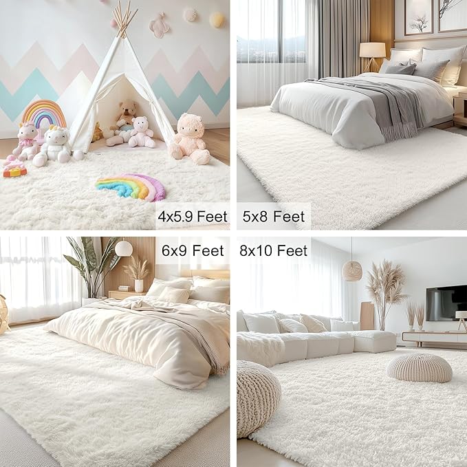 OLANLY 8x9 Machine Washable Large Area Rugs for Living Room, Bedroom, Soft Fluffy Shaggy Bedside Rug, Indoor Floor Carpet for Kids Girls and Boys, Dorms, Nursery, Home Decor Aesthetic, Ivory