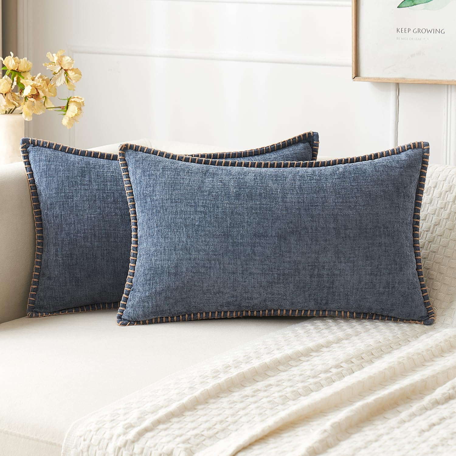 MIULEE Decorative Lumbar Throw Pillow Covers 12x20 in Dark Grey Blue 2 Pack