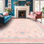 Washable Pink and Blue 6x9 Oushak Rugs for Bedroom Girls, Living Room Kids Playroom Nursery Room, Modern Floral Distressed Design, Soft Faux Wool Low Pile Non Slip Stain Resistance Carpet