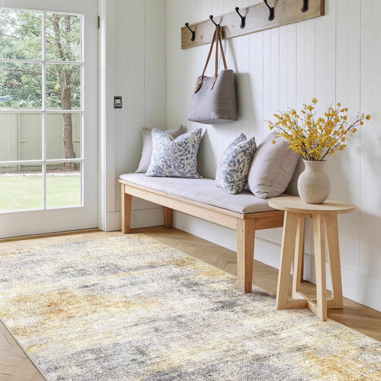 3x5 Area Rug Washable Abstract: Non Slip Entryway Floor Mat Grey/Yellow