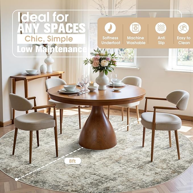 Aelenmu Round Rug 8ft Washable Rug for Dining Room Living Room Beige Brown