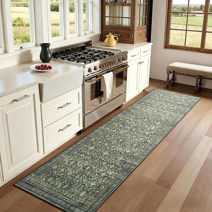 Lofus 2X 8 Area Rug for Hallways,Green Washable Runner Rugs with Non Slip Rubber Backing, Low Pile Soft Carpet Runner for Kitchen Bathroom Bedroom Laundry
