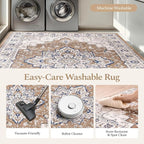 Rugflix 9x12 Area Rug for Living Room, Vintage Washable Area Rug Non Slip Backing Low Pile, Floral Soft Foldable Carpet for Bedroom Dining Room, Brown/Beige