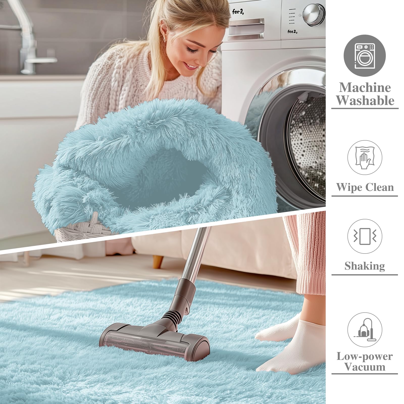 OLANLY 3x5 Machine Washable Small Bedside Rug, Soft Fluffy Shaggy Rugs for Living Room, Bedroom, Indoor Floor Carpet for Kids Girls and Boys, Preppy Dorms, Nursery, Home Decor Aesthetic, Light Blue