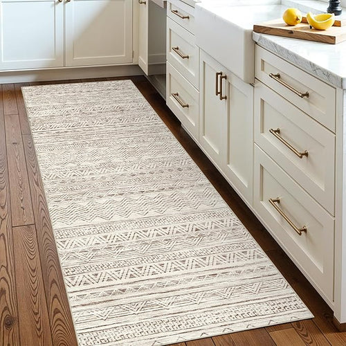 2x5 Runner Rug Washable Moroccan: Non Slip Kitchen Long Floor Mat Beige