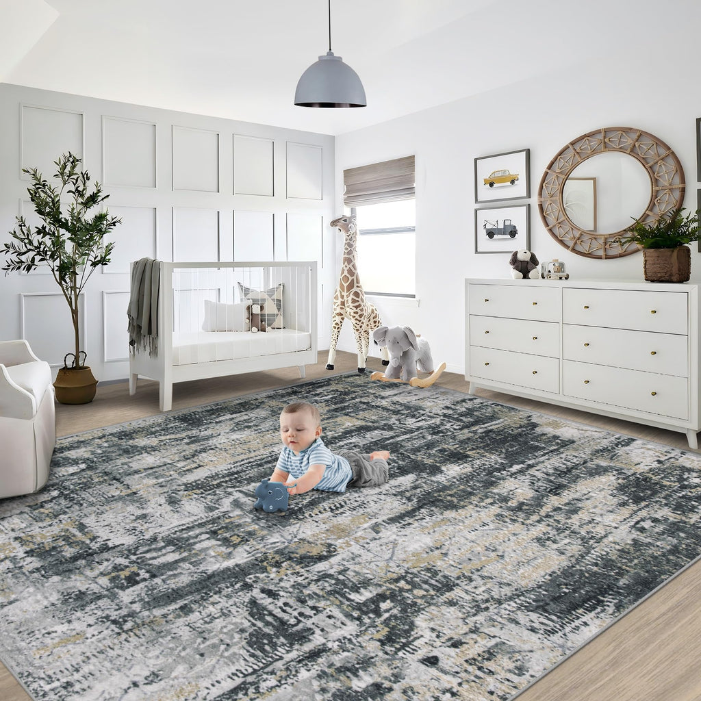XLUEZ 8x10 Area Rugs for Living Room, Washable Modern Abstract Large Area Rug Neutral Soft Non Slip Kids Rug Stain Resistant Indoor Carpet for Bedroom Nursery Dining Room Office(BlackGreyGold, 8'x10')