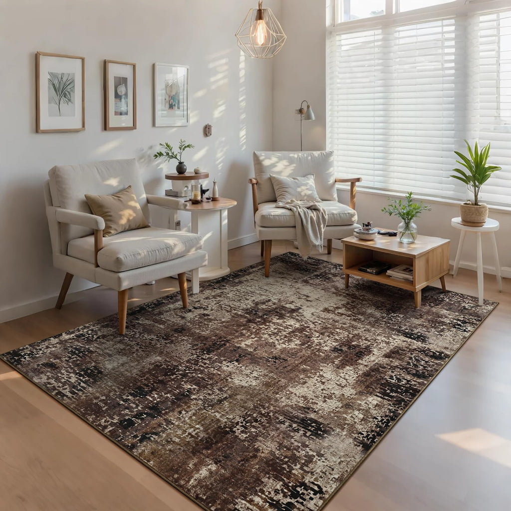 Ompaa Living Room Rug 5x7 Brown Area Rug Machine Washable Boho Coffee Rug Non Slip Abstract Vintage Indoor Large Rugs for Bedroom, Classroom, College Dorm, Farmhouse, Dining Room, Kids Playroom