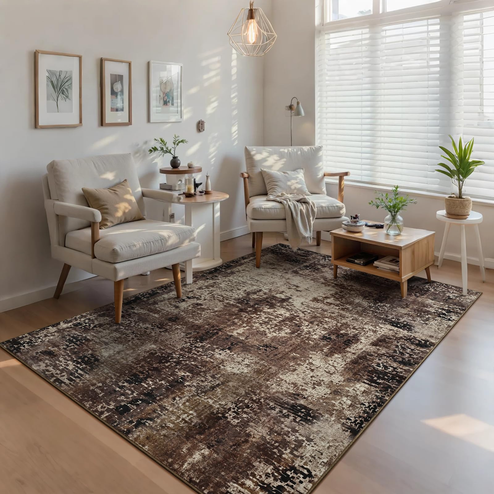 Ompaa Living Room Rug 5x7 Brown Area Rug Machine Washable Boho Coffee Rug Non Slip Abstract Vintage Indoor Large Rugs for Bedroom, Classroom, College Dorm, Farmhouse, Dining Room, Kids Playroom