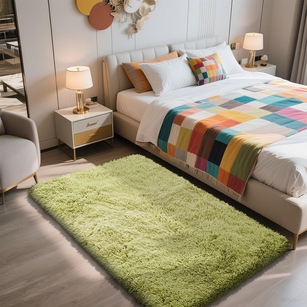 3x5 Area Rug for Bedroom,Grass Green Fluffy Shag Rug Small Rug Plush Carpet