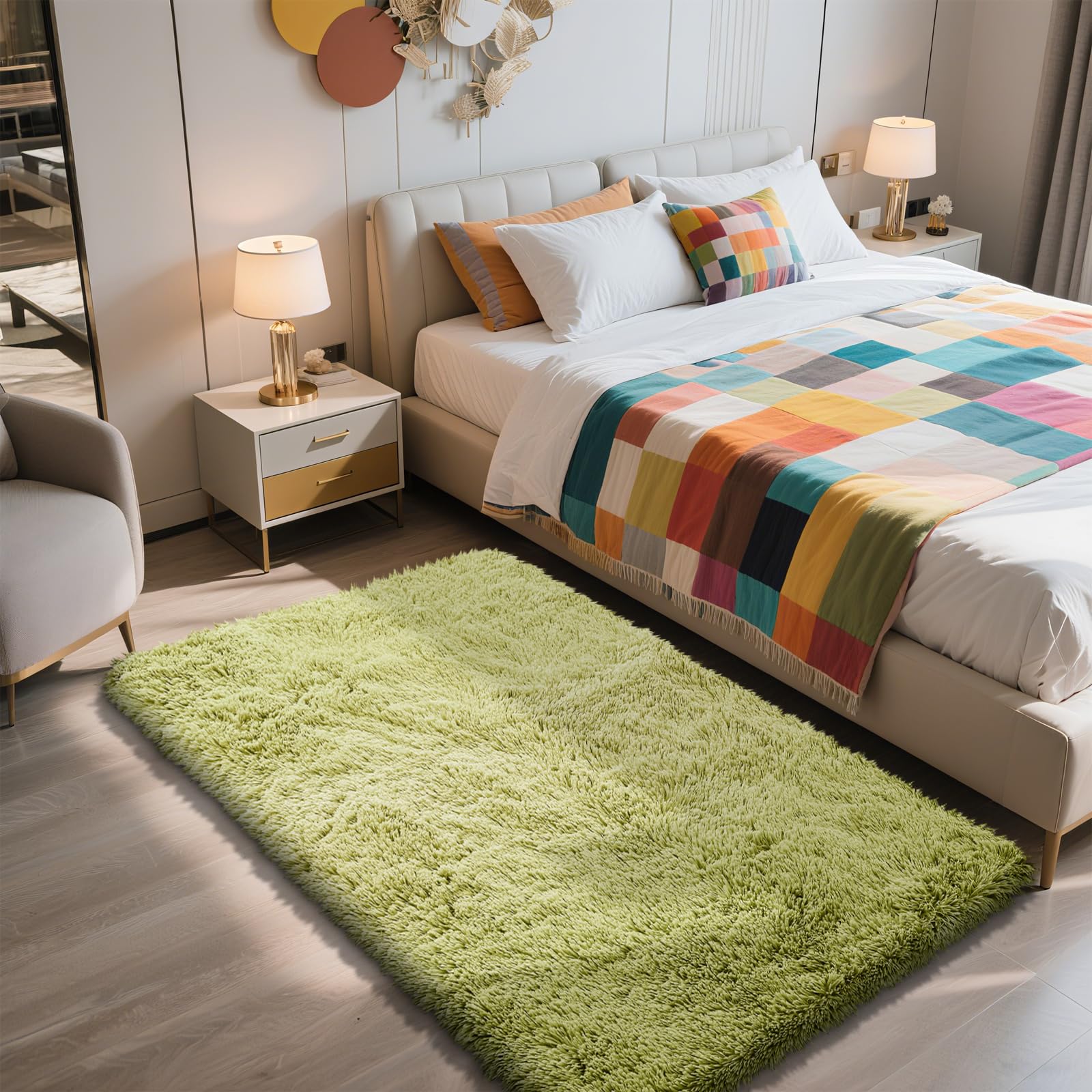 3x5 Area Rug for Bedroom,Grass Green Fluffy Shag Rug Small Rug Plush Carpet