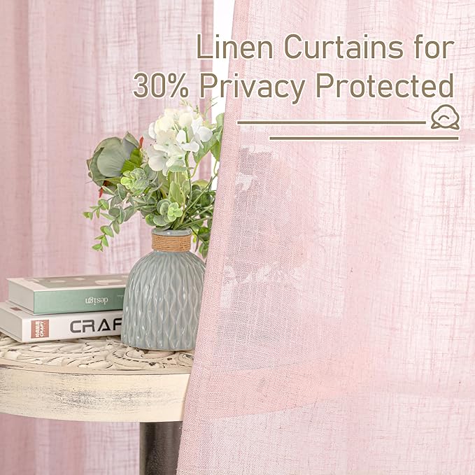LAMIT 36 Inch Length Linen Curtains for Small Windows, Semi Sheer Light Filtering Panels Back Tab and Rod Pocket Country Decor Drapes for Basement/Kitchen, Pink, 2 Panels, 34 x 36 Inch