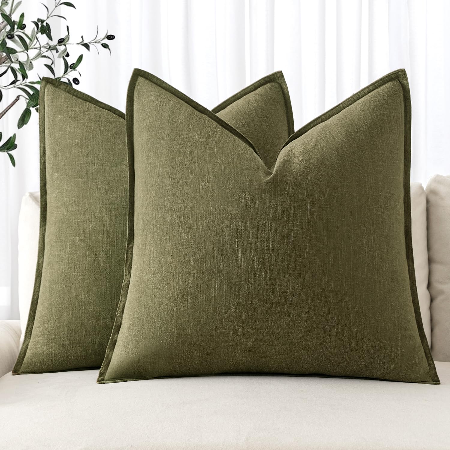 MIULEE Decorative Linen Pillow Covers 18x18 Inch Green