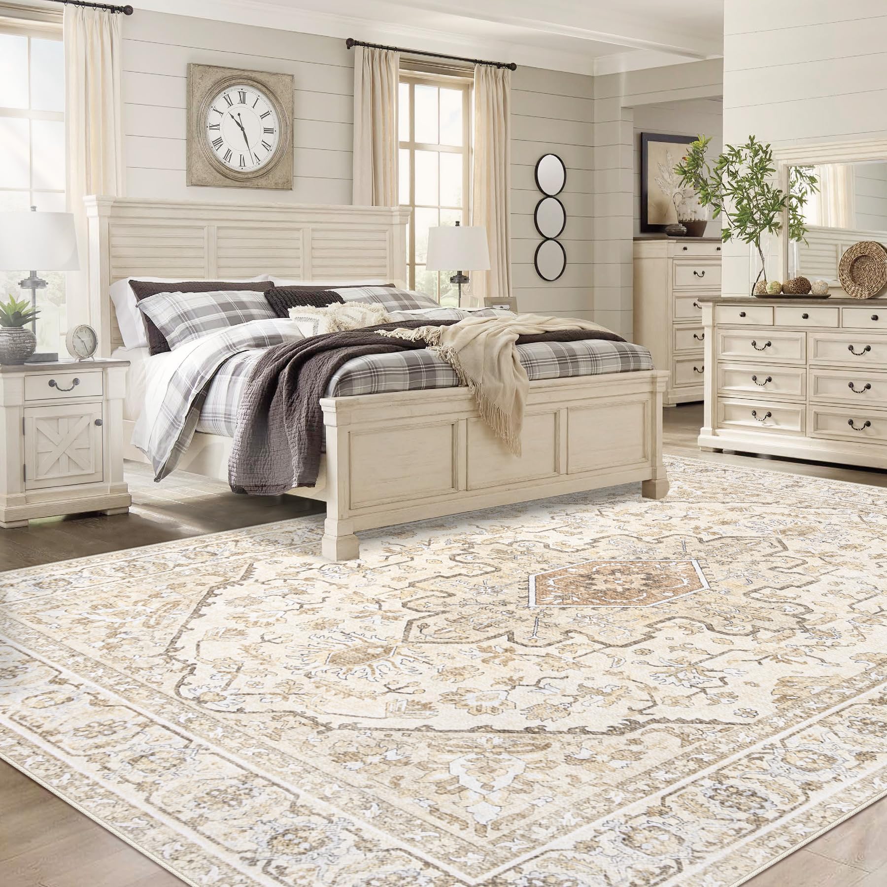 Area Rugs 9x12 Vintage Rug: Large Washable Living Room Rug Retro Medallion Distressed Soft Low Pile Non-Slip Indoor Floor Carpet for Bedroom Dining Table Office (BeigeBrown,9'x12')