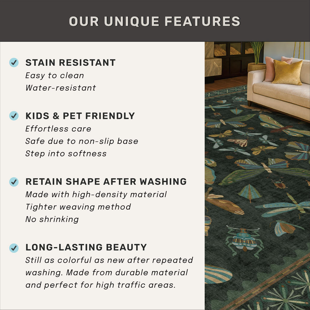 6x9 Dark Green Area Rugs for Dining Room - Rugs for Living Room, Bedroom Under Bed, Insect Moth Floral Non Slip Low Pile Floor Carpet