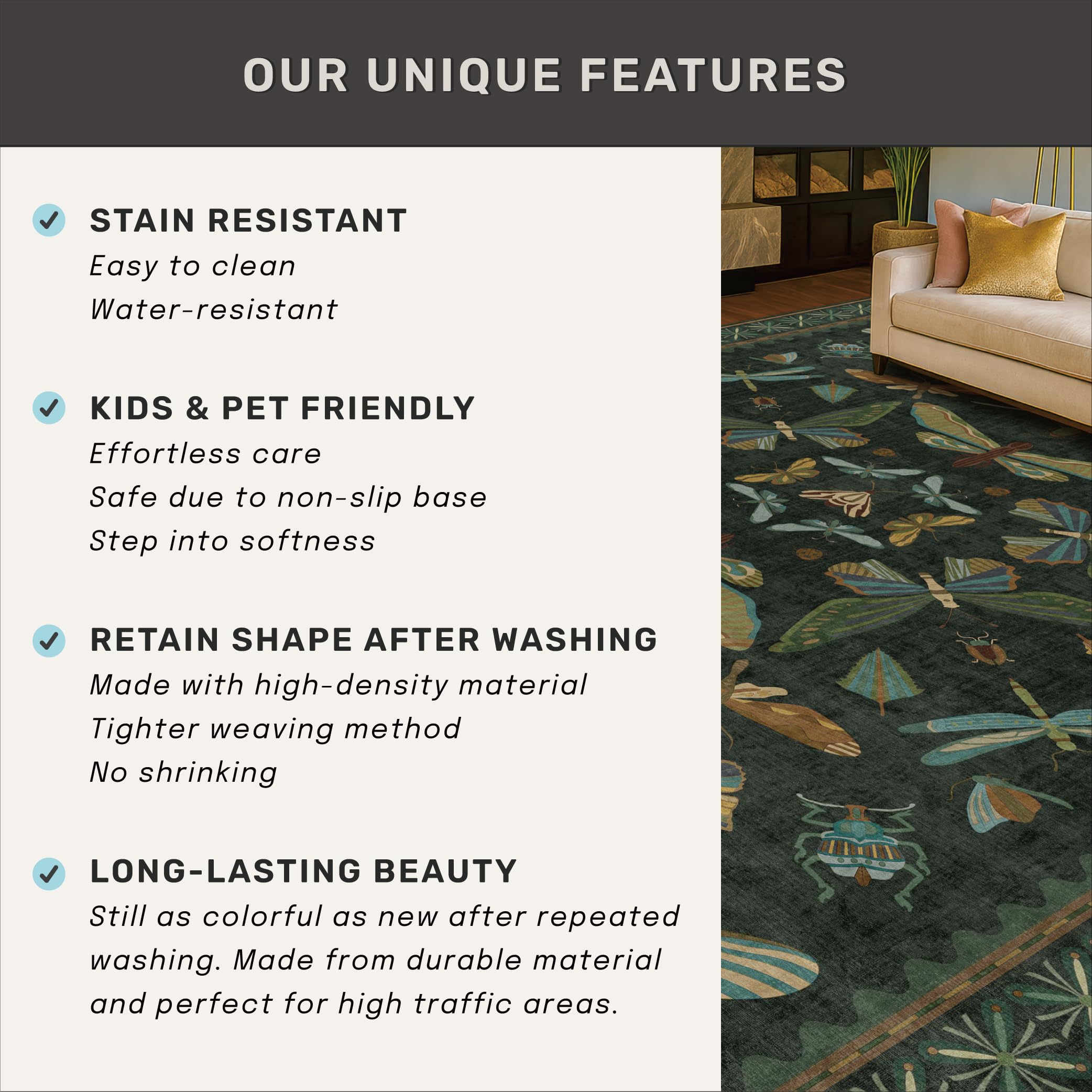 6x9 Dark Green Area Rugs for Dining Room - Rugs for Living Room, Bedroom Under Bed, Insect Moth Floral Non Slip Low Pile Floor Carpet