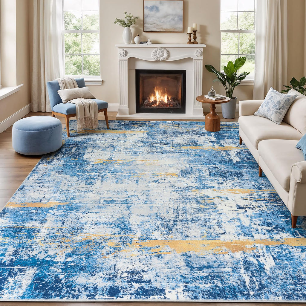 Rugflix 8x10 Area Rugs for Living Room, Washable Sky Blue Gold Large Rug