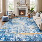 Rugflix 8x10 Area Rugs for Living Room, Washable Sky Blue Gold Large Rug