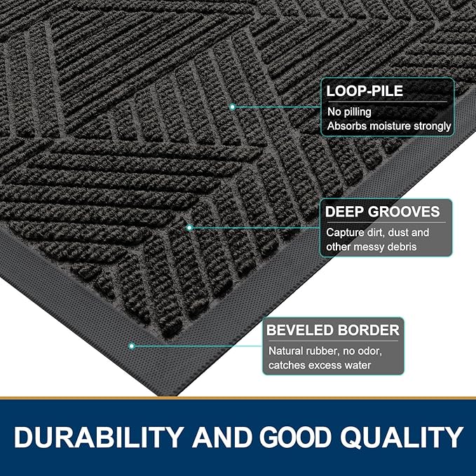 Smiry Front Door Mat Outside Entrance, Heavy Duty Sturdy Natural Rubber Doormat, Trap Dirt and Moisture, Easy Clean Low Profile Mats for Indoor Outdoor Entry, Irregular Triangle (47x32, Charcoal)