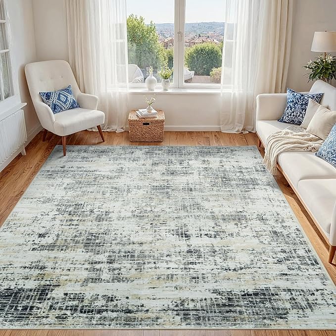 5x7 Washable Area Rug for Living Room Bedroom: Non-Slip Modern Black Gray