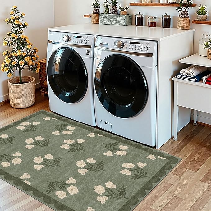 Othilic 3x5 Floral Entry Rug - Small Washable Indoor Outdoor Mats for Front Door Non-Slip Spring Porch Rug Sage Green Farmhouse Throw Rugs for Living Room Bedroom Entryway Kitchen Office Porch Decor
