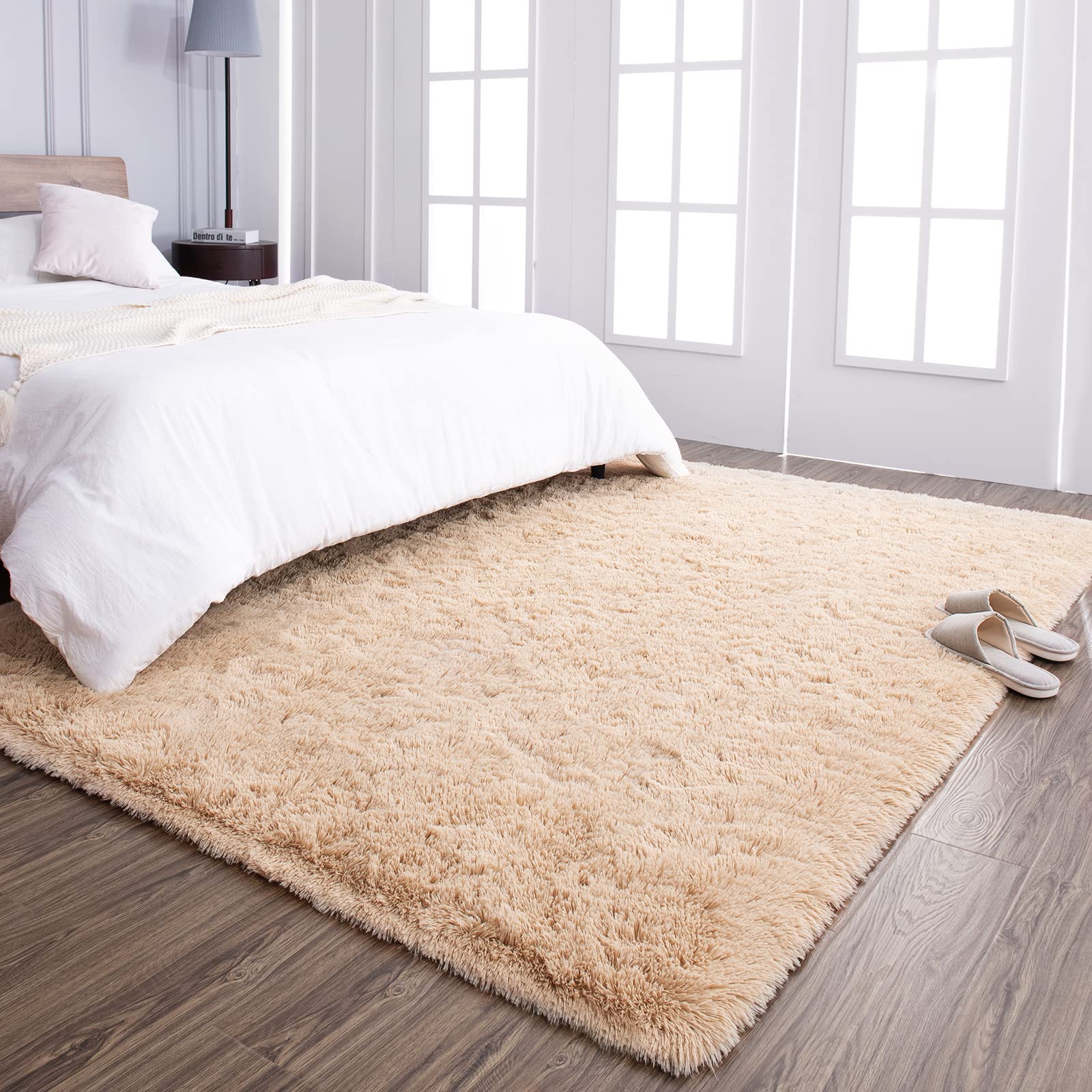 TWINNIS Super Soft Shaggy Rugs Fluffy Carpets 8x10 Feet, Indoor Modern Plush Area Rugs for Living Room Bedroom Kids Room Nursery Home Decor, Upgrade Anti-Skid Rectangular Fuzzy Rug, Light Tan