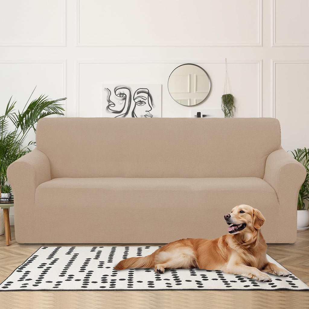 U-NICE HOME 4 Seater Stretch Couch Cover for 3 Cushion Sofa, Camel