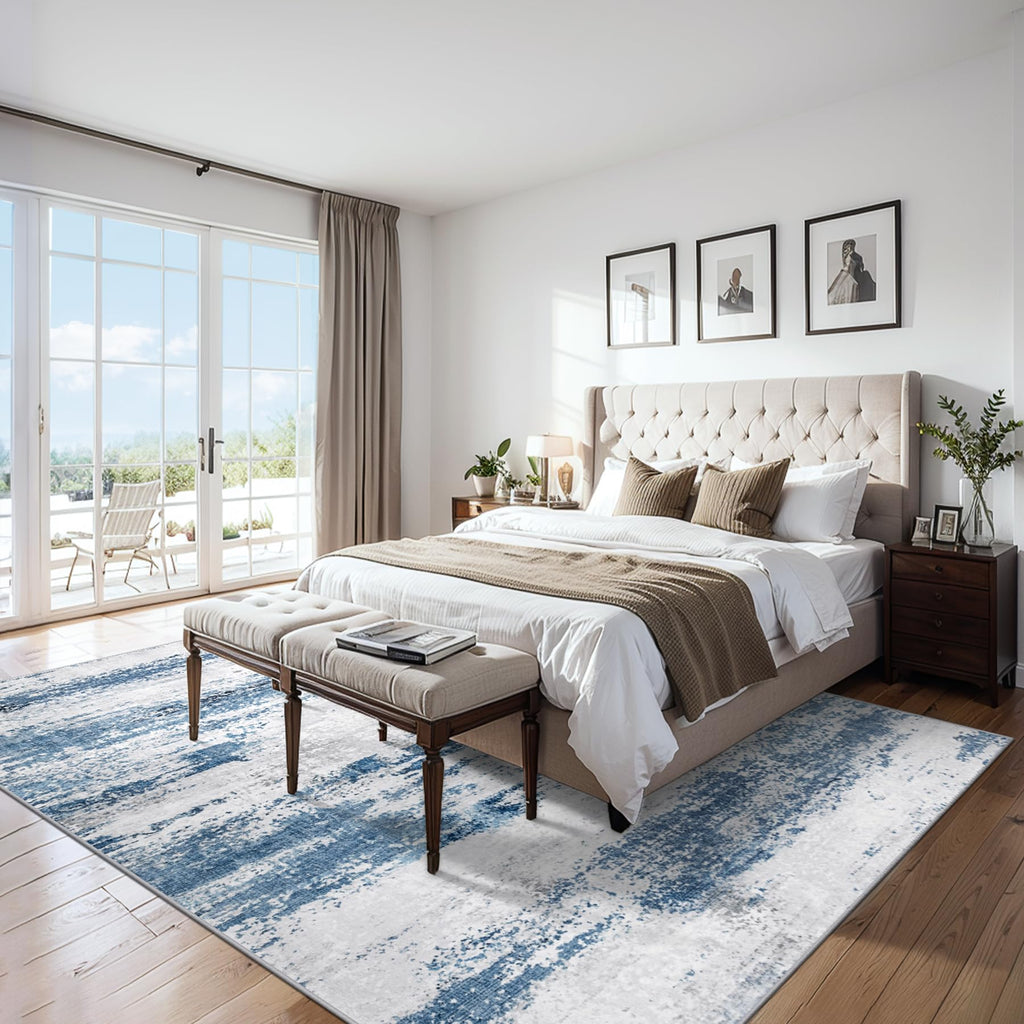 PLHXFR Area Rug Living Room: 5x7 Abstract Washable Carpet White Blue