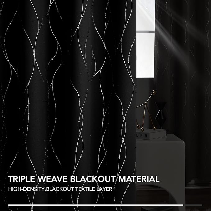 Deconovo Black Out Curtains for Kitchen, 42 x 54 Inch Length 2 Panels Set, Thermal Insulated Soundproof Window Drapes with Silver Print, Grommet Top, Machine Washable Panels for Small Winodw Nursery