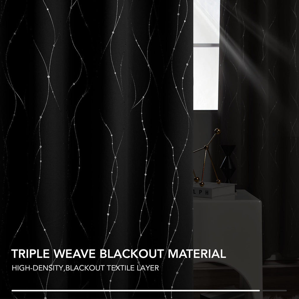 Deconovo Blackout Curtains for Bedroom, 72 Inch Length - Room Darkening Curtains, Window Grommet Curtains, Wave Line and Dots Pattern (W52 X L72, Black, Set of 2)
