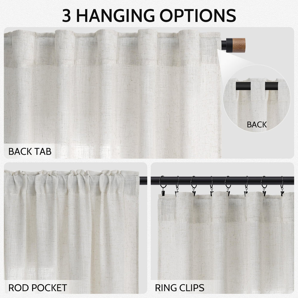 Nanspring Natural Linen Curtains 90 Inches Long for Living Room Country Semi Sheer Light Filtering Curtains Farmhouse Decor Boho Curtain for Bedroom Back Tab and Rod Pocket 52x90, 2 Panels