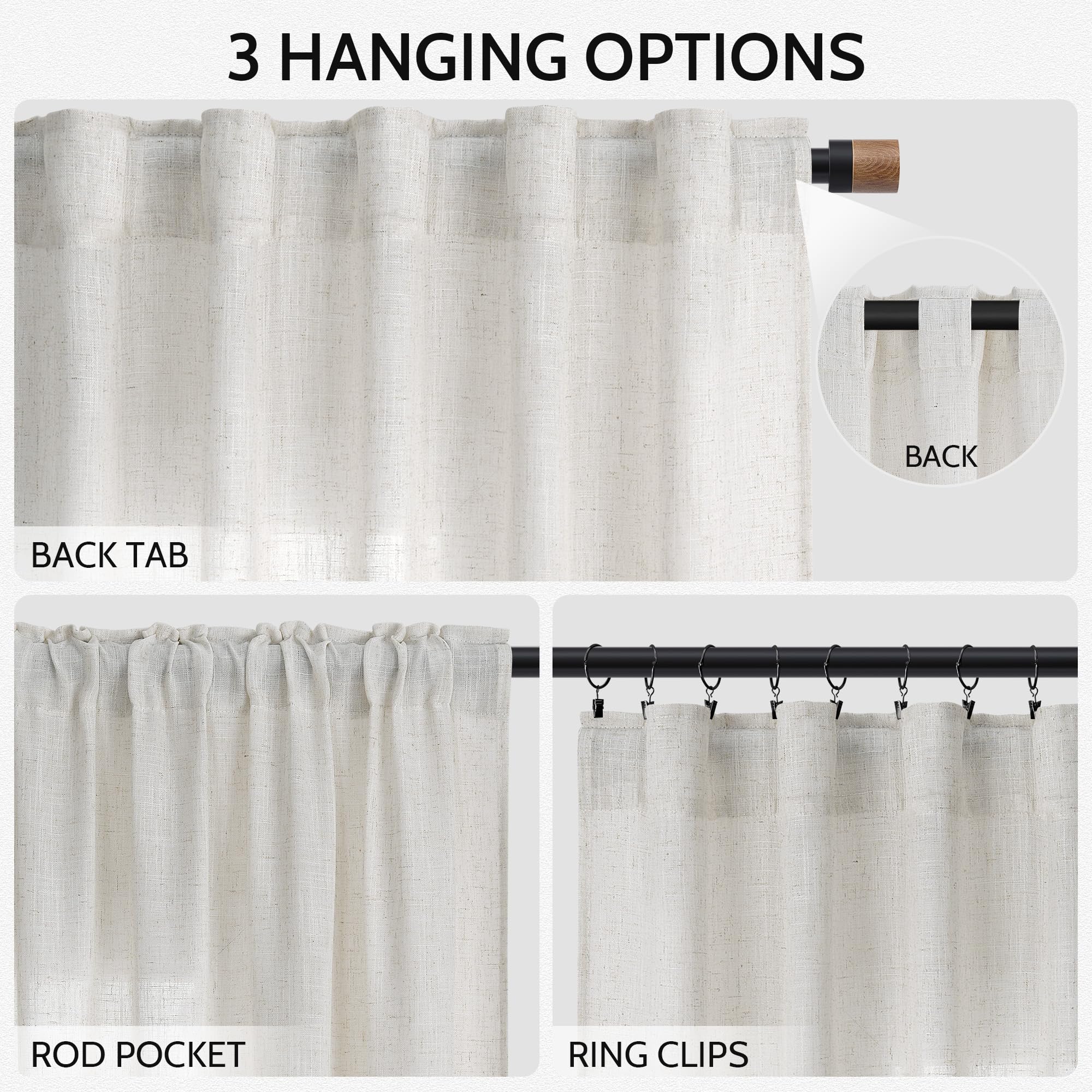 Nanspring Natural Linen Curtains 90 Inches Long for Living Room Country Semi Sheer Light Filtering Curtains Farmhouse Decor Boho Curtain for Bedroom Back Tab and Rod Pocket 52x90, 2 Panels