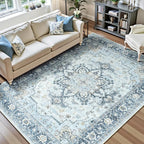 Lofus 5x7 Area Rugs for Living Room, Machine Washable Non-Slip Area Rug, Low Pile Large Rugs for Bedroom, Kitchen, Dining Room, Home Office, Vintage Oriental Print Rug, Blue Gold
